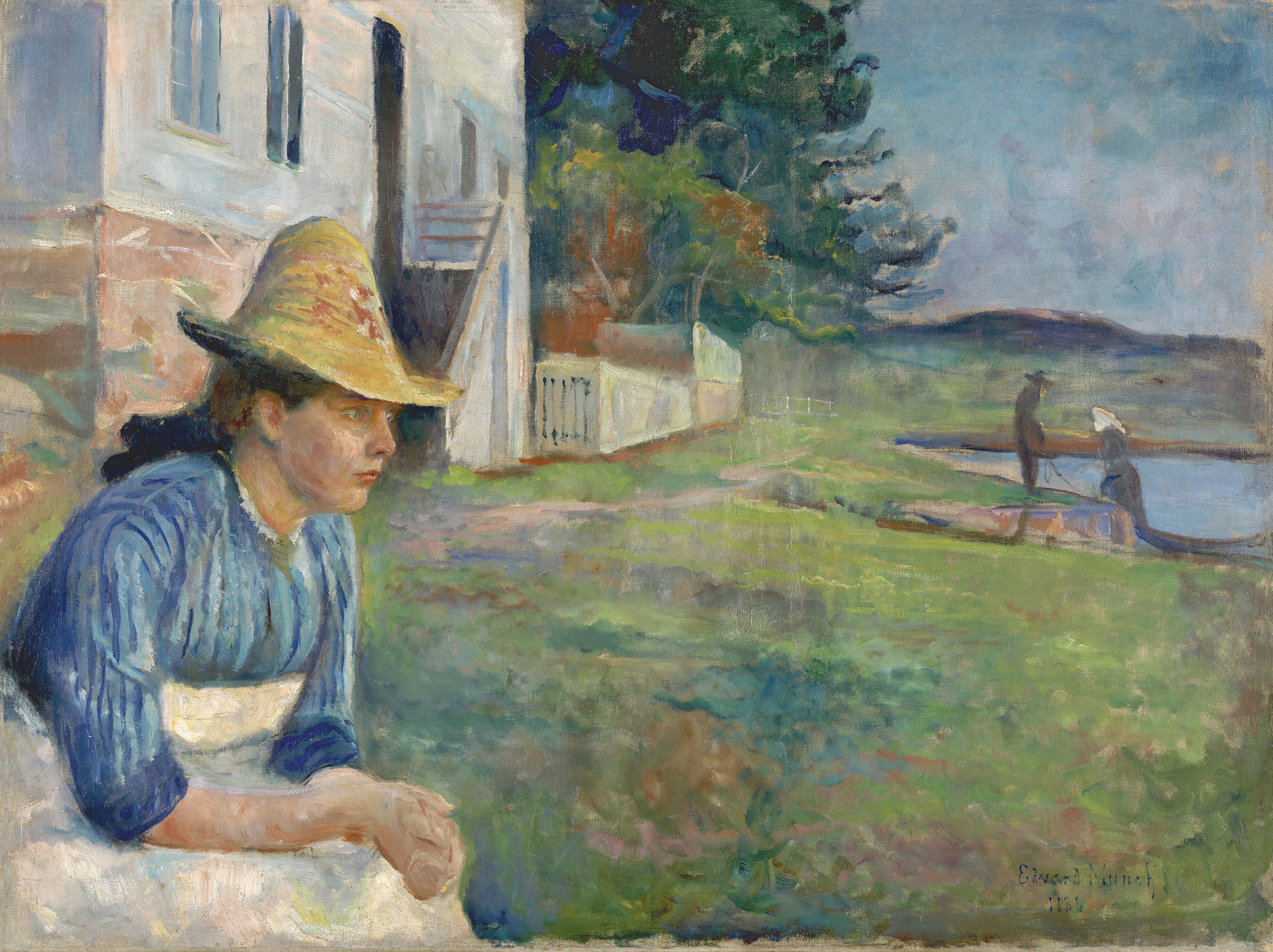 A painting of a pensive young woman sitting and staring across a lawn.