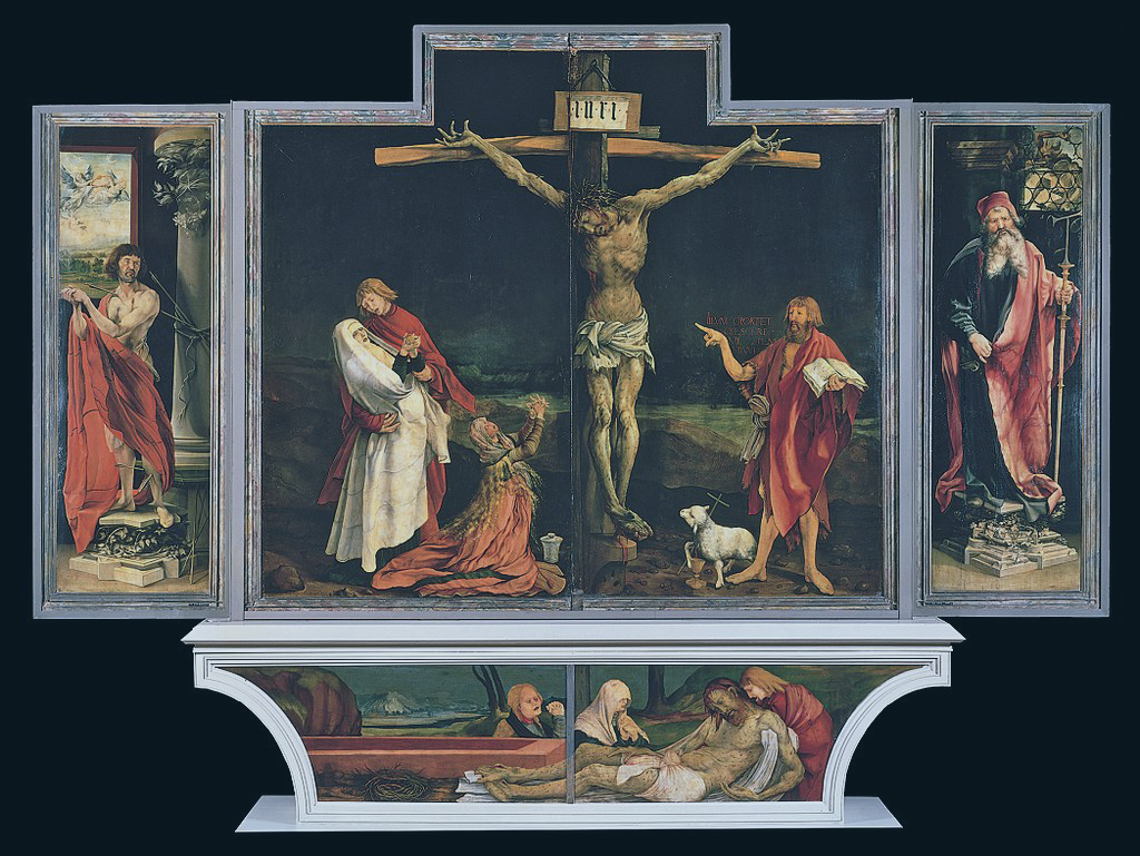 an altarpiece depicts the crucifixion of Christ.