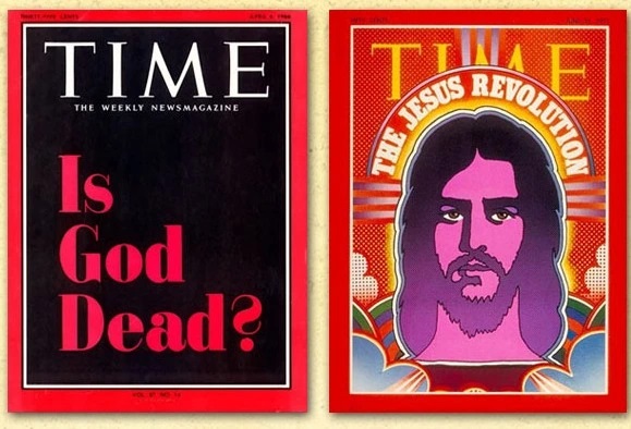 Two Time magazine covers beside each other. One reads 'Is God dead?' The other 'Jesus Revolution'.