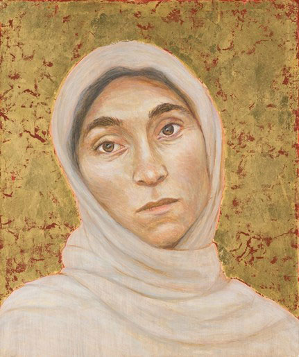 A portrait of a white-shawled woman against a golden background.