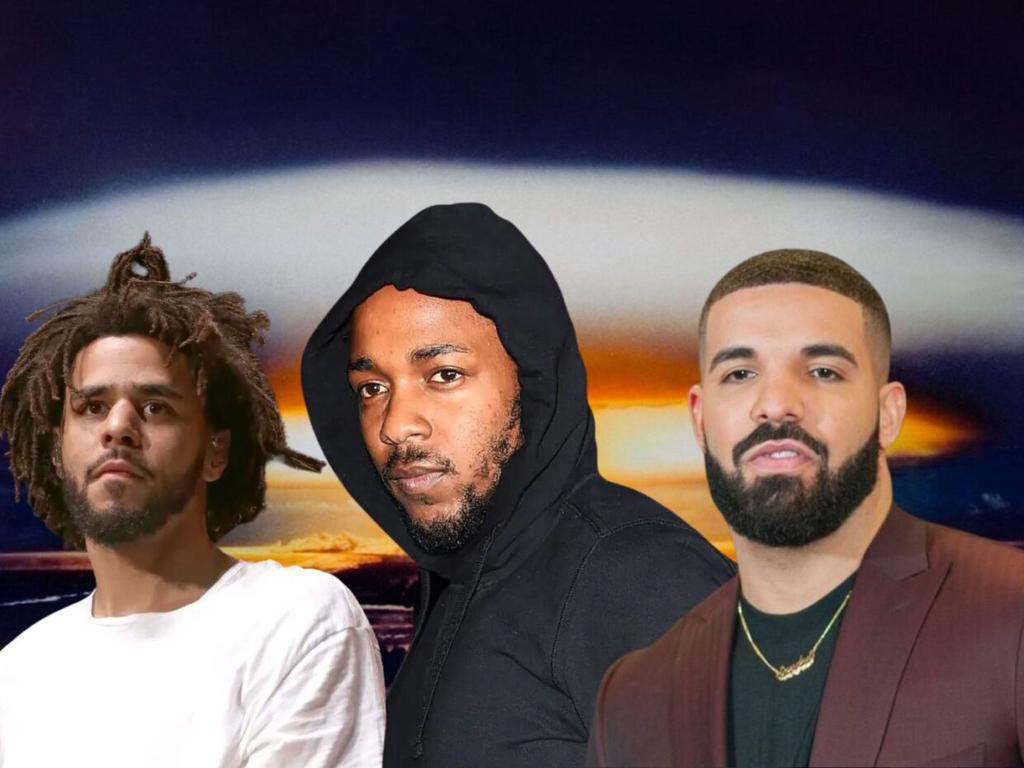 A composite image of three rappers, Cole, Lamar and Drake against a mushrooming cloud.