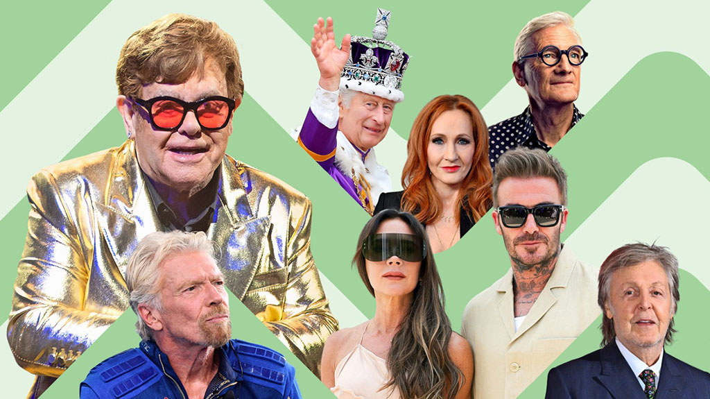A collage of famous, rich, people such as King Charles, Elton John and others.