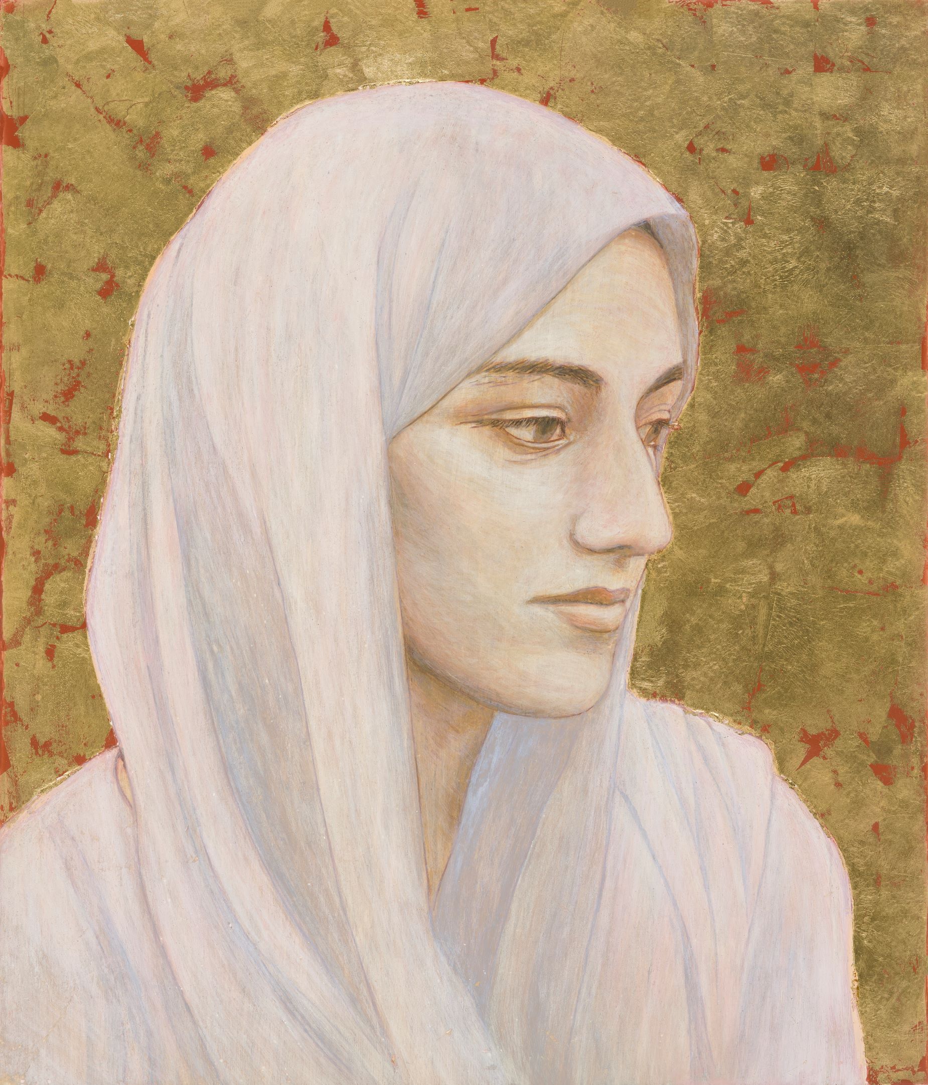 A portrait of a white-shawled woman against a golden background.