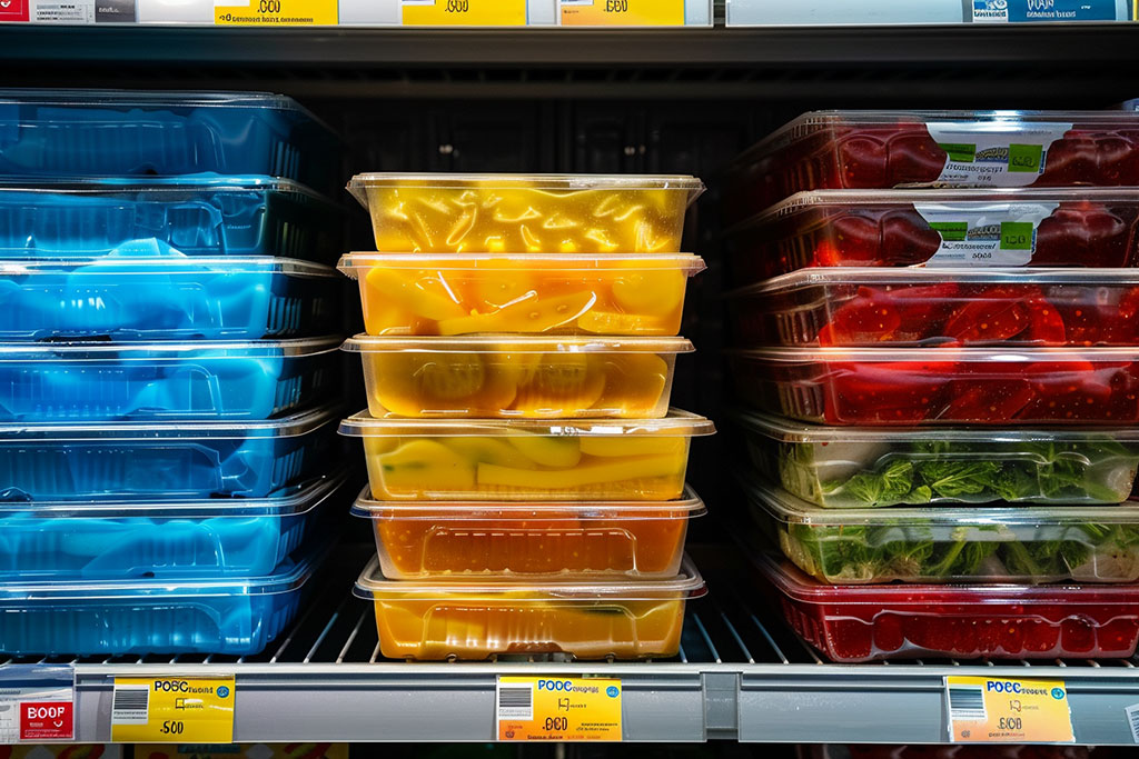 Three piles of ready-meals sit on a shelf. One stack is blue, the next yellow and the third red.