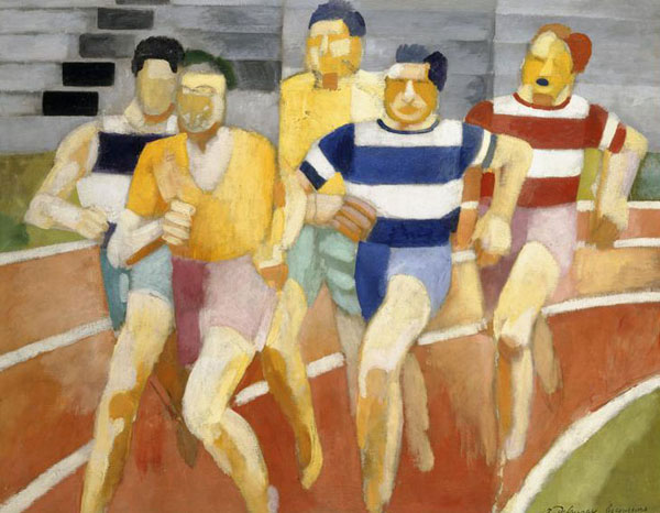 An impressionist painting of runners bunched together on the bend of a track.
