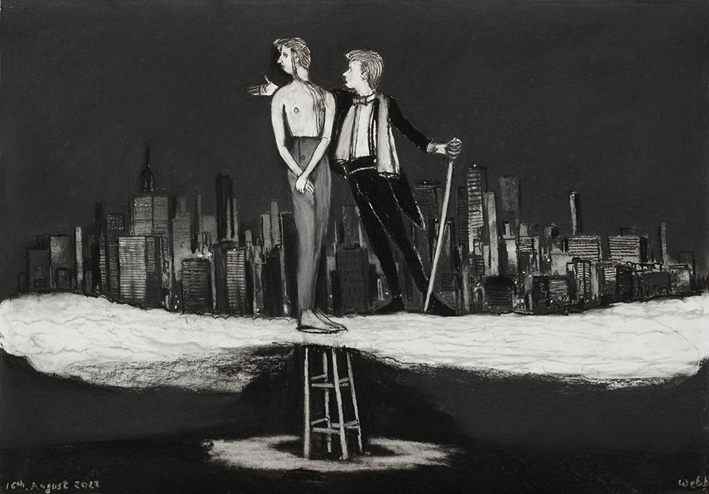 A black and white illustration shows a two people close together on a pinnacle.