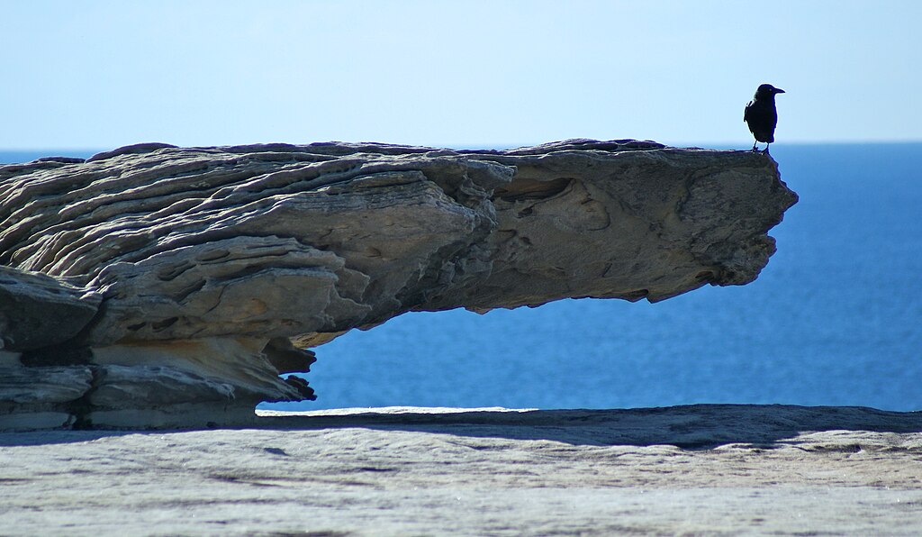 A crow stands at the end of an overhanging rock.