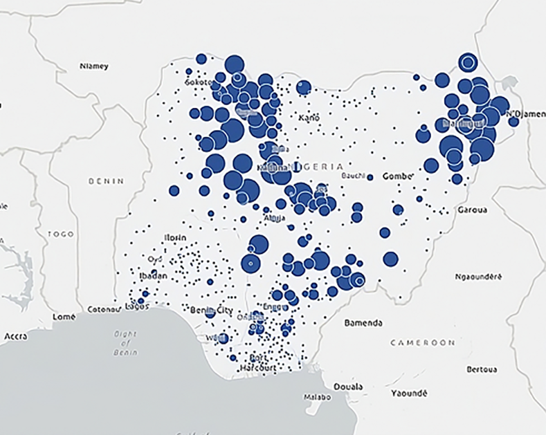 A data map shows circles of varying size across a map of Nigeria