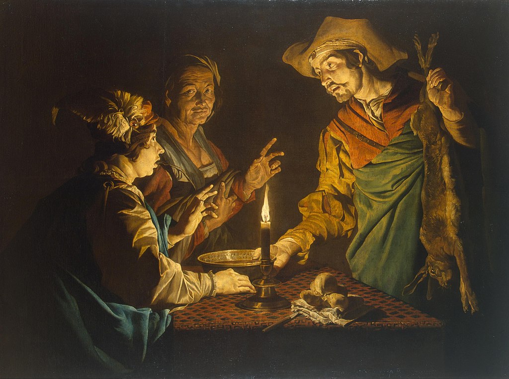 A renaissance picture depitcs Jacob and Esau, in contemporary clothing, around a table