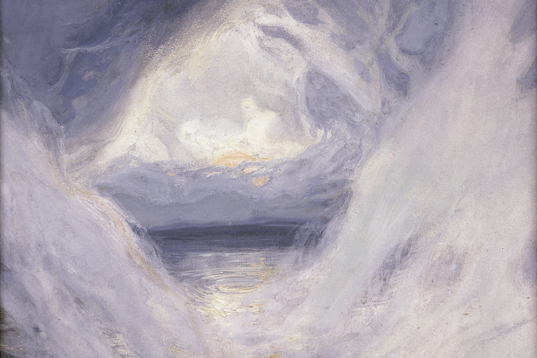 An abstract depiction of The Creation shows an aperture in a cloud like formation over water.