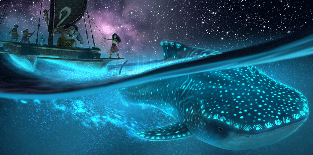 A cartoon still shows a nightscape at sea with a Polynesian style vessel above, with Moana standing on it sailing above a whale illuminated by bioluminescence 