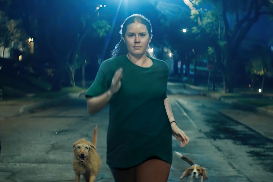 A woman runs down a street at night accompanied by dogs