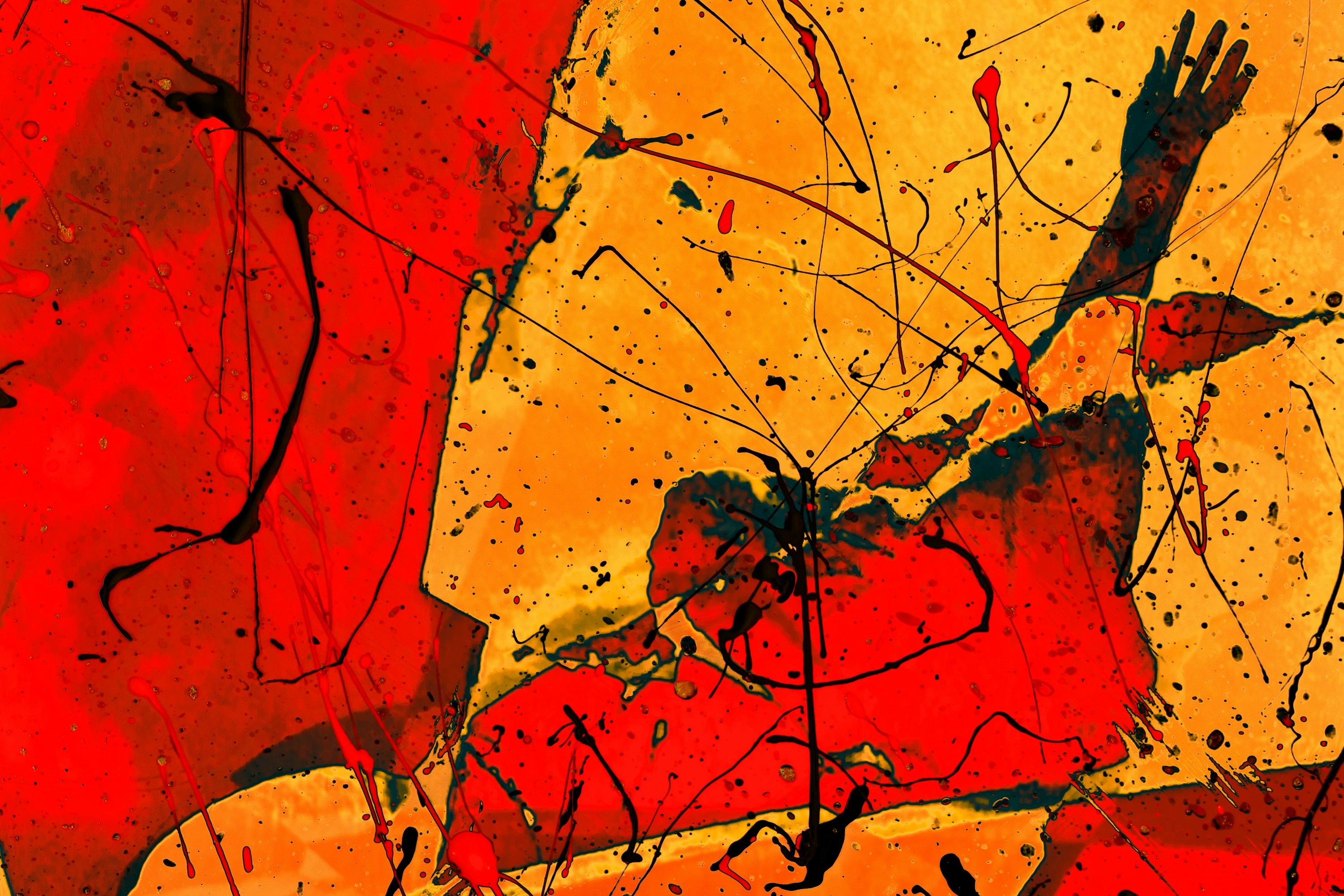 An abstract image of red and gold fluid shapes akin to stained glass, seem to depict a face and an upstretched hand.