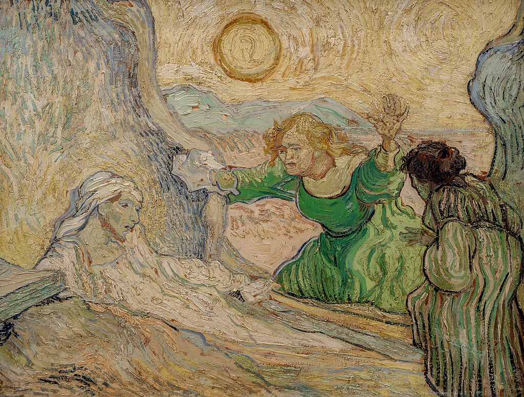 A Vincen Van Gogh painting of Lazarus rising from his bed as his astonished sisters lean toward him.