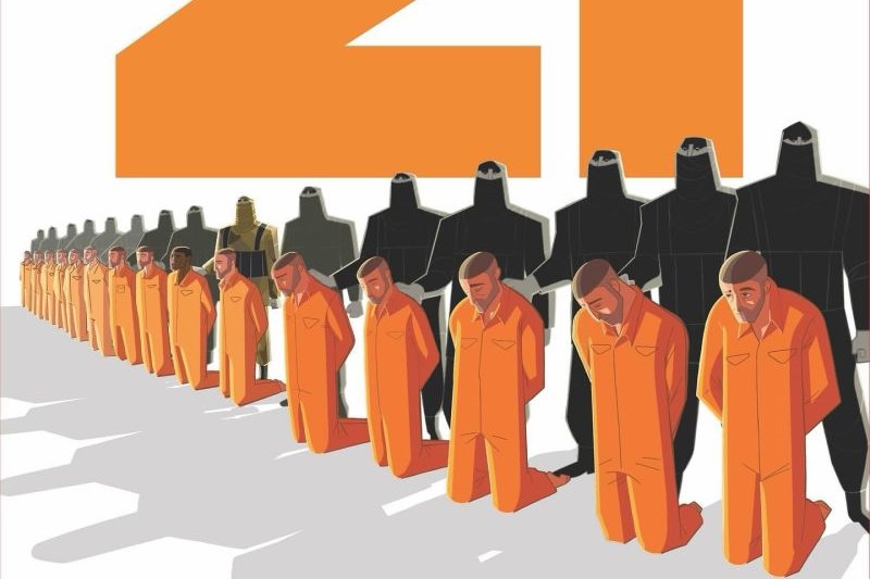 An graphic image shows 21 men in orange suits kneeling in front of executioners in black.