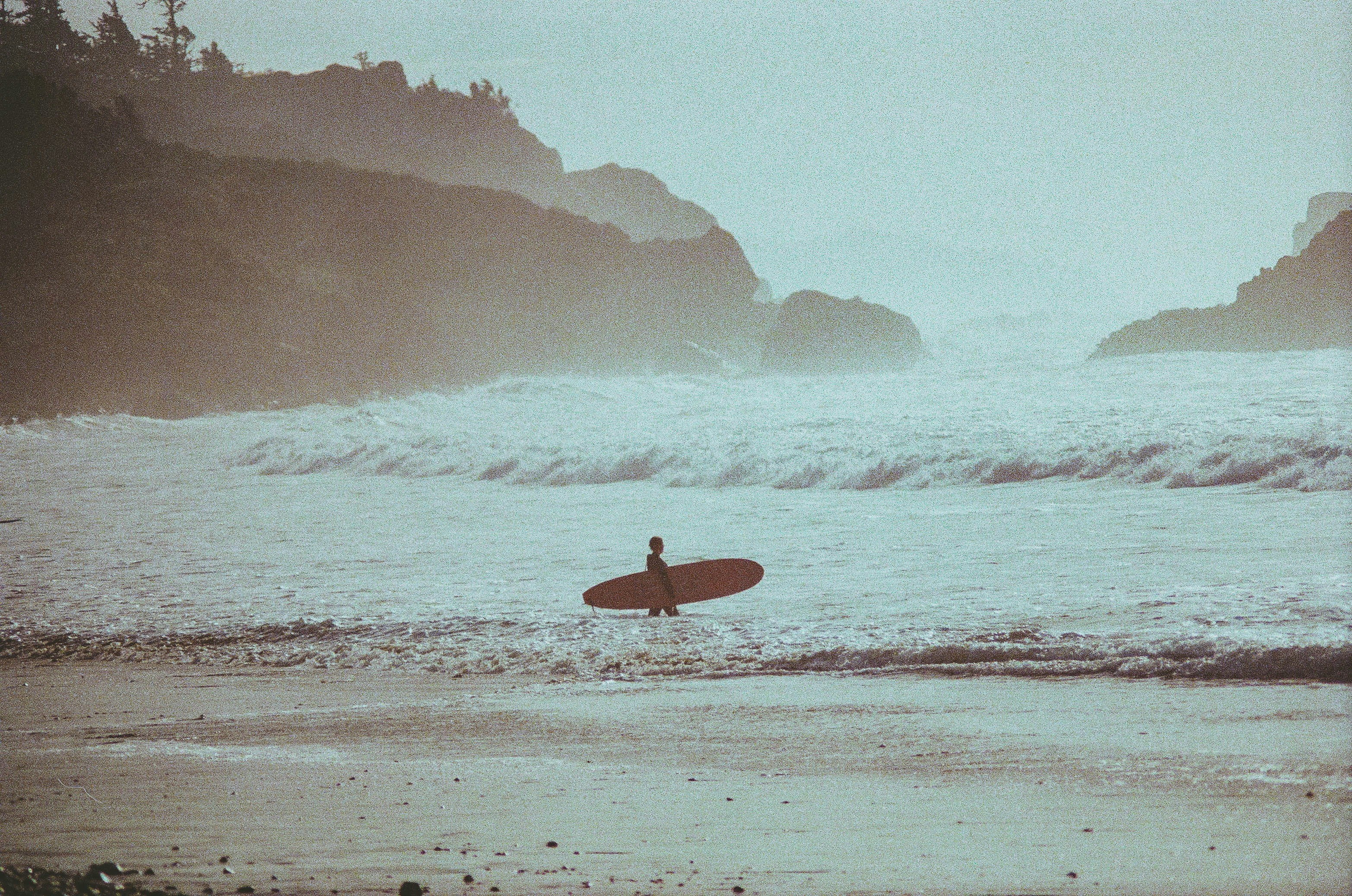 A sufer carries a longboard into the waves