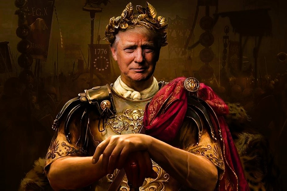 A montage shows Donald Trump as a Roman emperor leaning on a sword