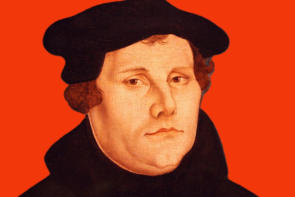 A head and shoulder painting of Martin Luther against a red background