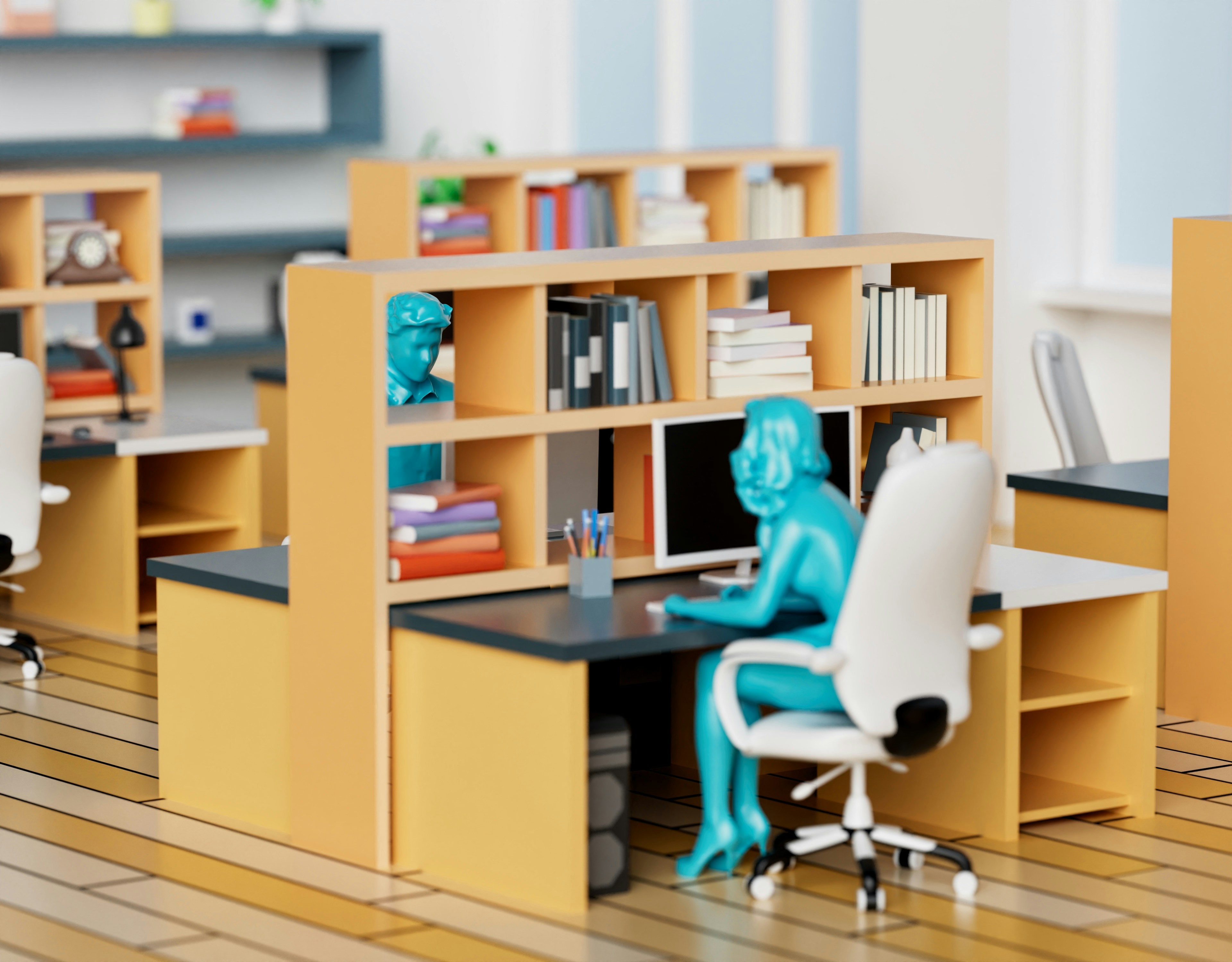 A model of an office desk and shelves, at which a green plastic person sits leaning into the desk.