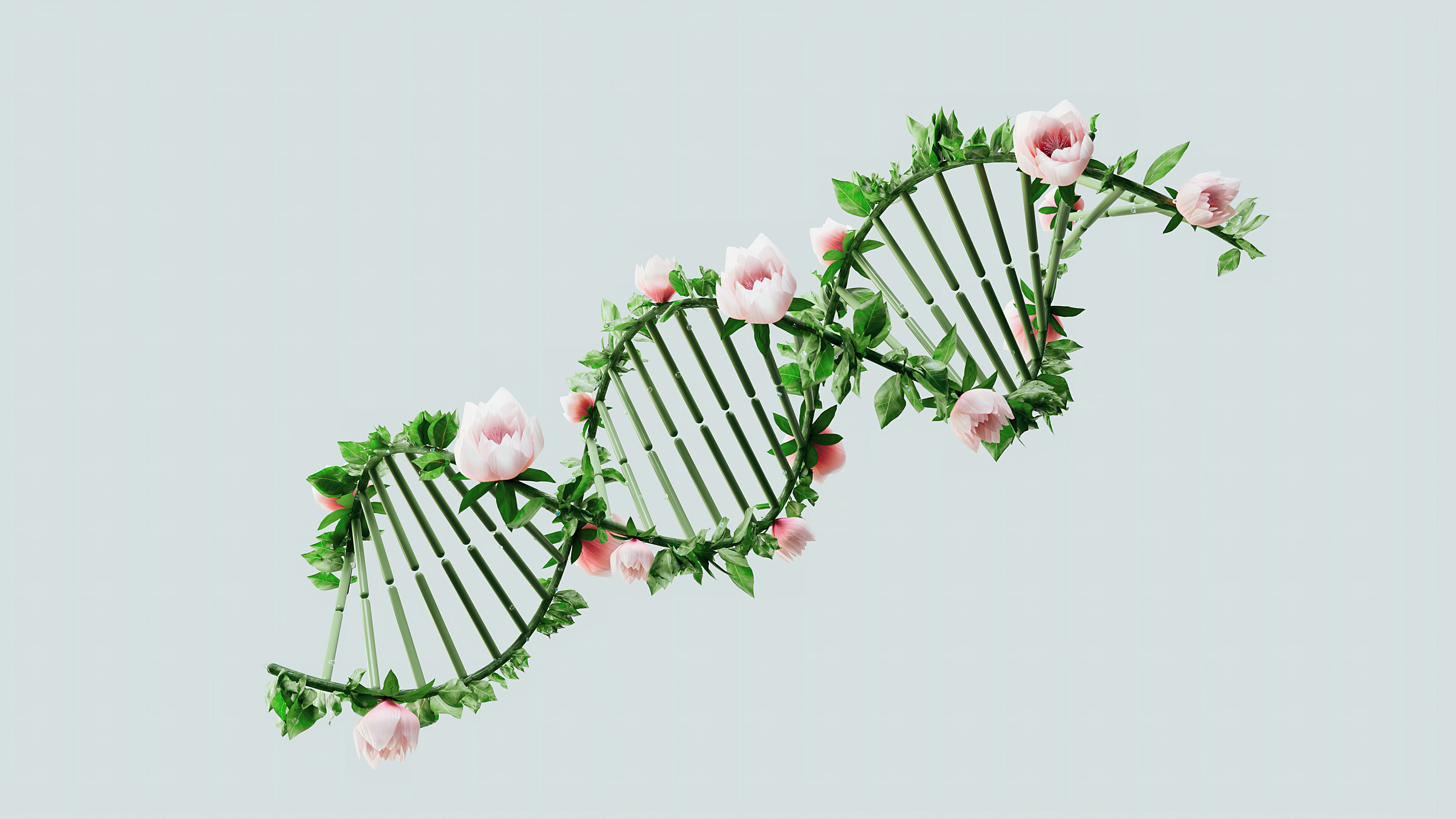 An artistic visualisation of a DNA strand growing flowers from it.