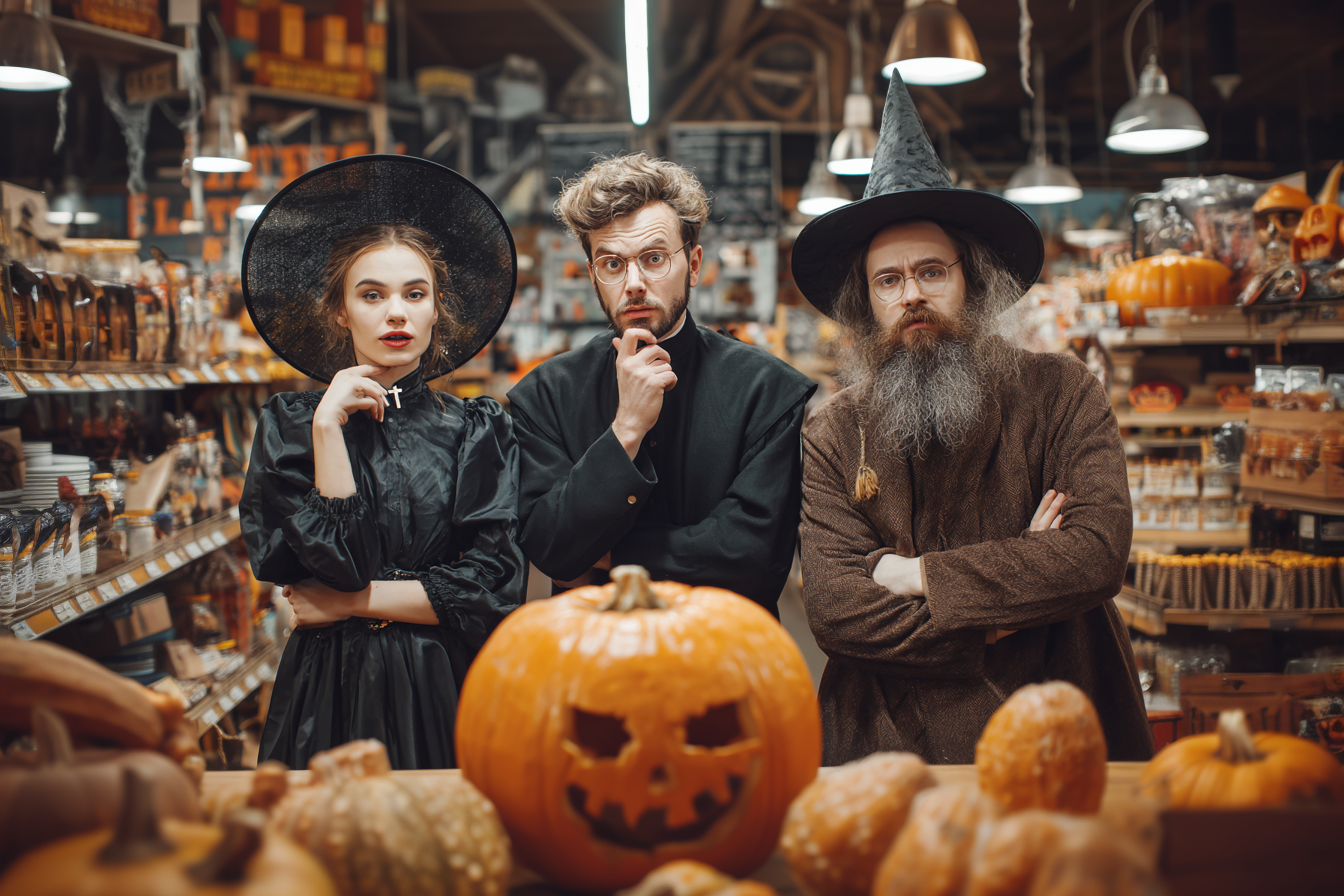A witch, a priest and a druid stand in a store and look quizzically towards a halloween pumpkin