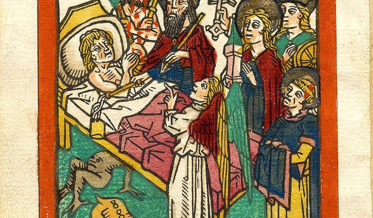 A medieval book illustration of a person dying in bed.