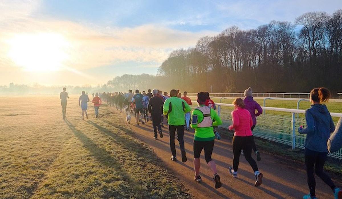 Runners jog along a path into the sunset.