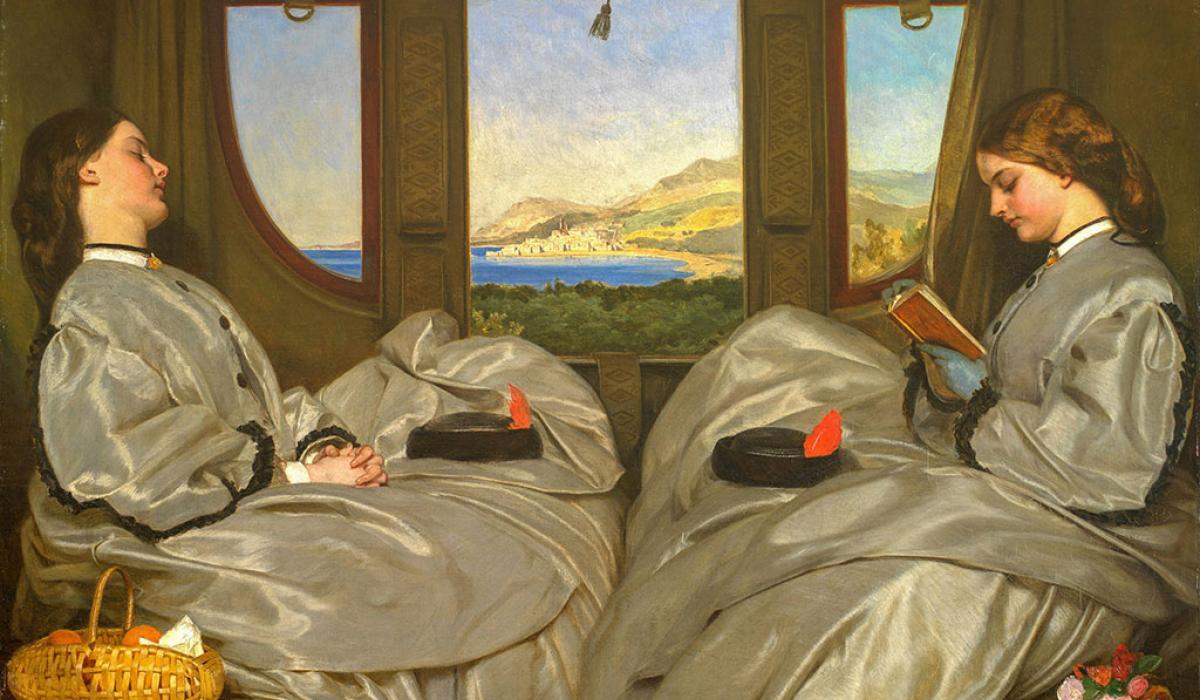 A painting shows two 19th century women in a carriage, one reading as the others snoozes.