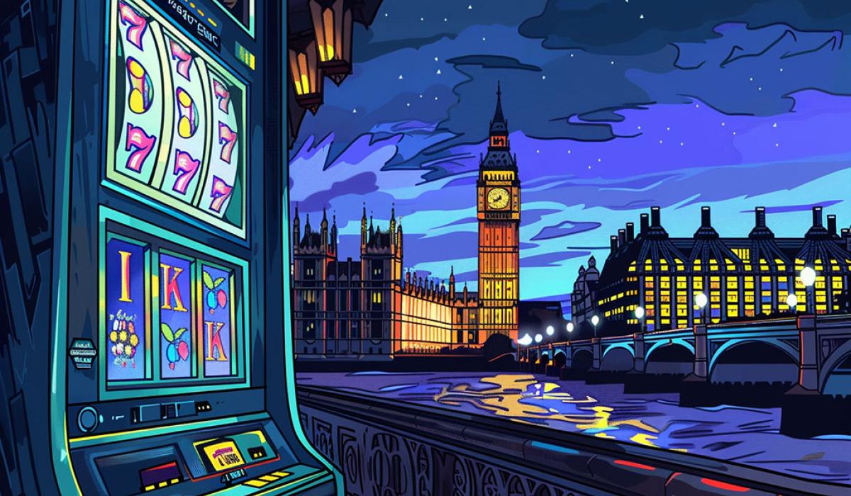 A cartoon depicts a slot machine opposite the Houses of Parliament