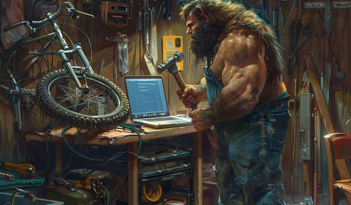 A caveman holding a hammer looks at a bench on which are a broken bicycle and a laptop.