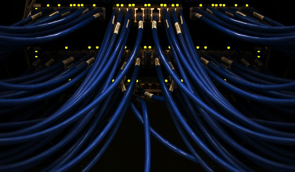 blue cables converge on a server.