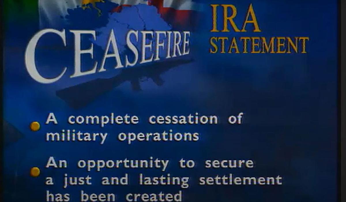 A TV graphic labelled 'ceasefire' lists bullet points