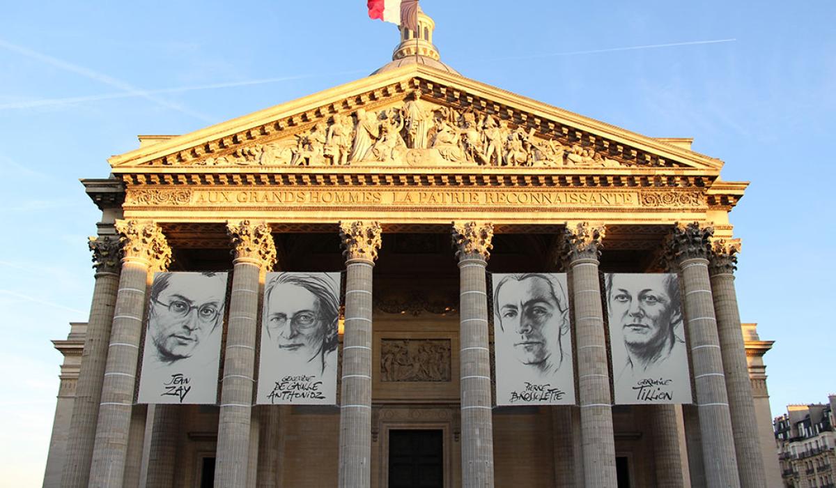 Paris' Pantheon temple displays a flag and banners.