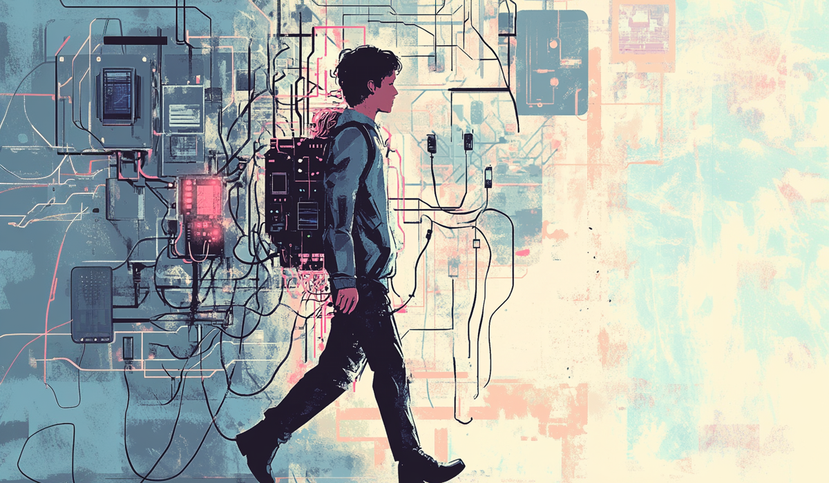 A person wearing a heavy backpack of tech, connected by tangled cables to other technology behind him, walks towards a simpler space.