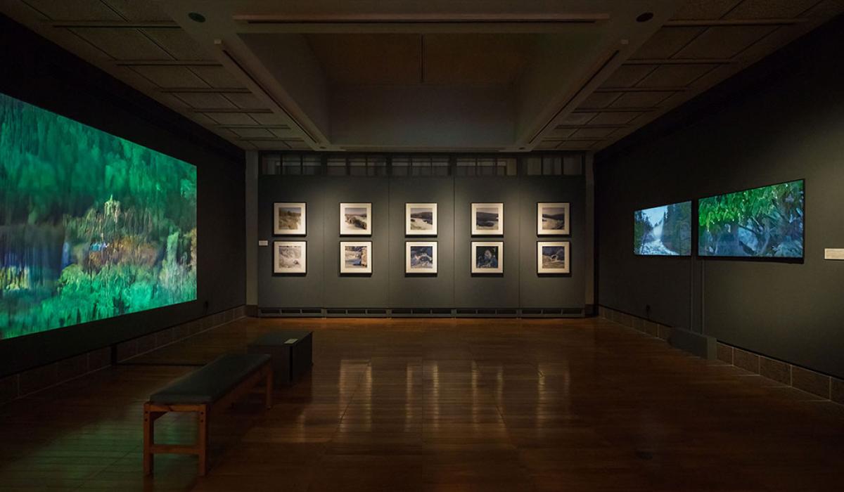 A darkened art gallery displays images and screens on three walls.