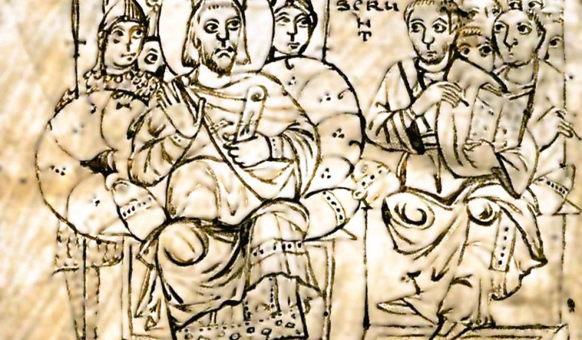 A ink drawing of Constantine the Emperor on a throne listening to people showing him books. 