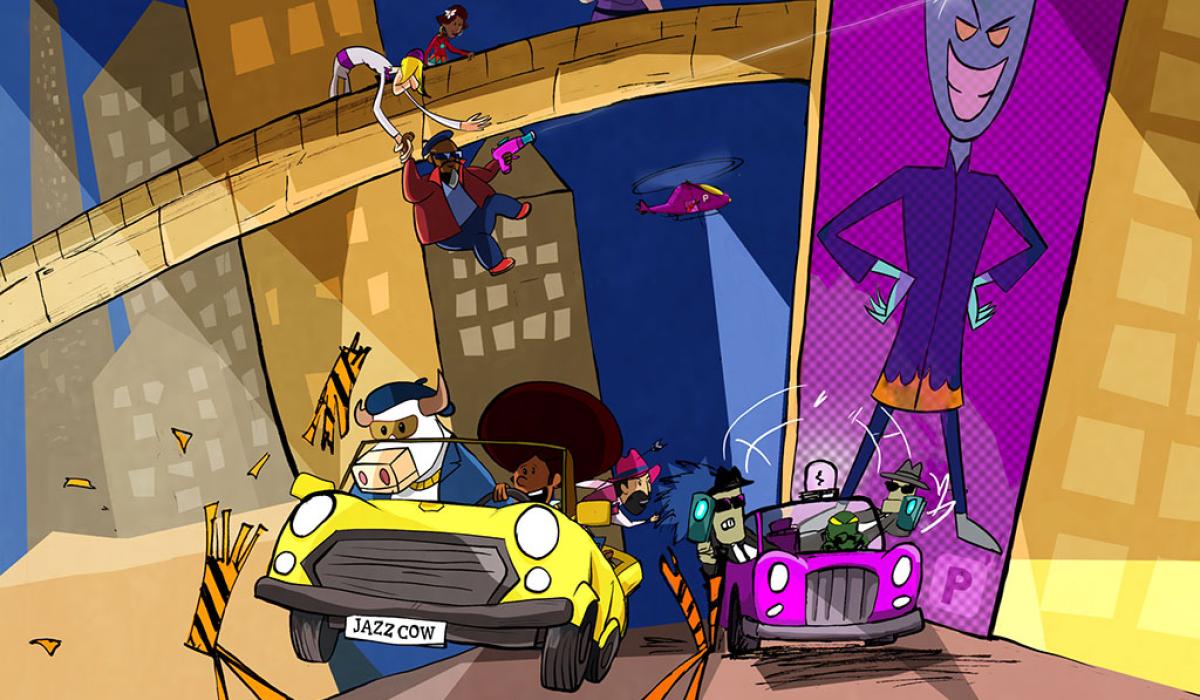  A cartoon chase sees a car driven by a cow escaping from a car of baddies under a giant poster of their villainous boss.