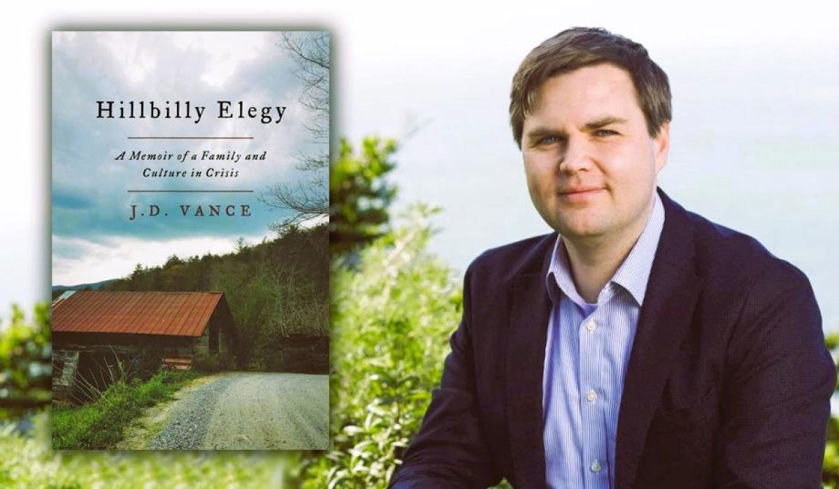 A book's front cover beside a portrait of the author, JD Vance