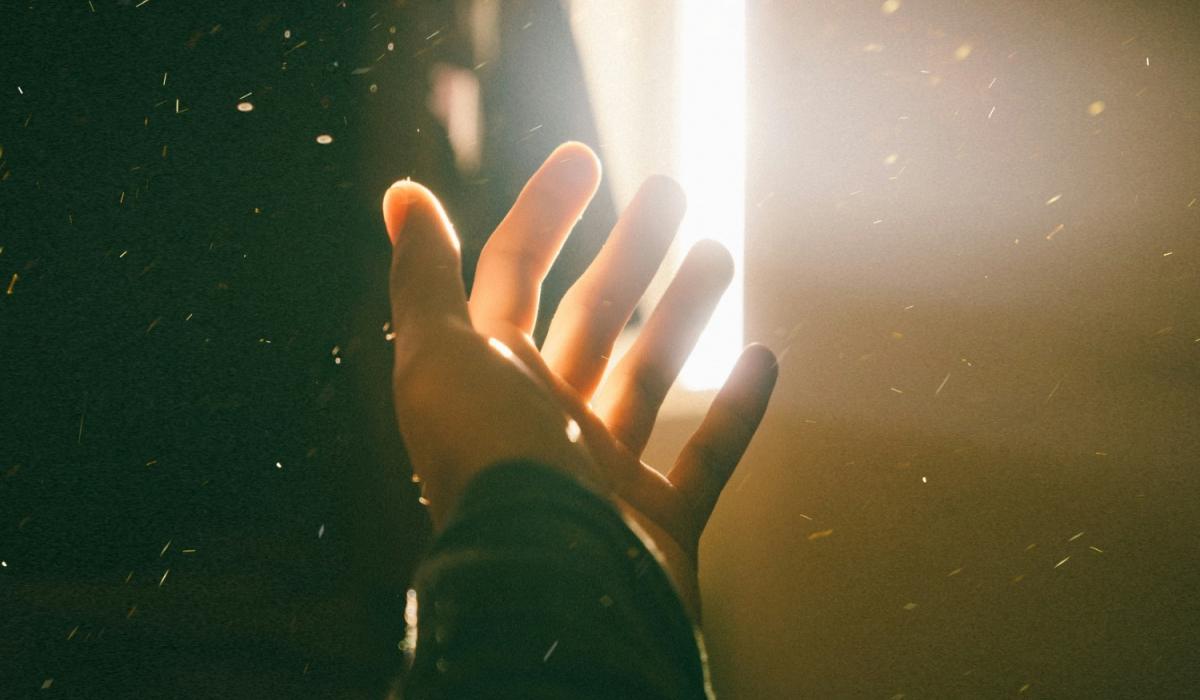 A open hand is held out and up towards a strong source of light