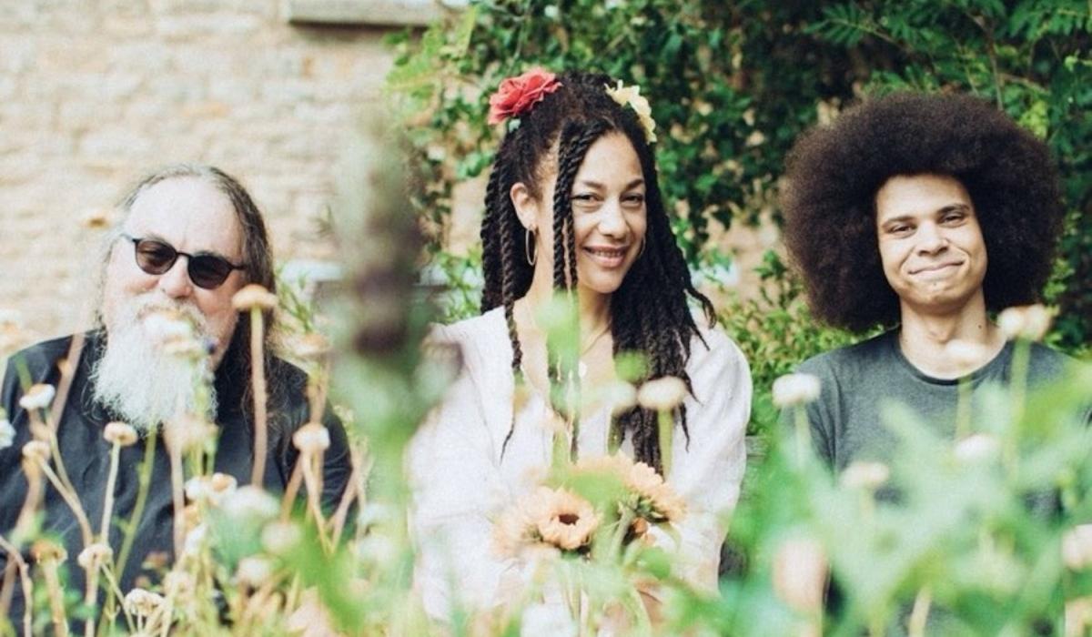 three folk musicians face the camera across a meadow