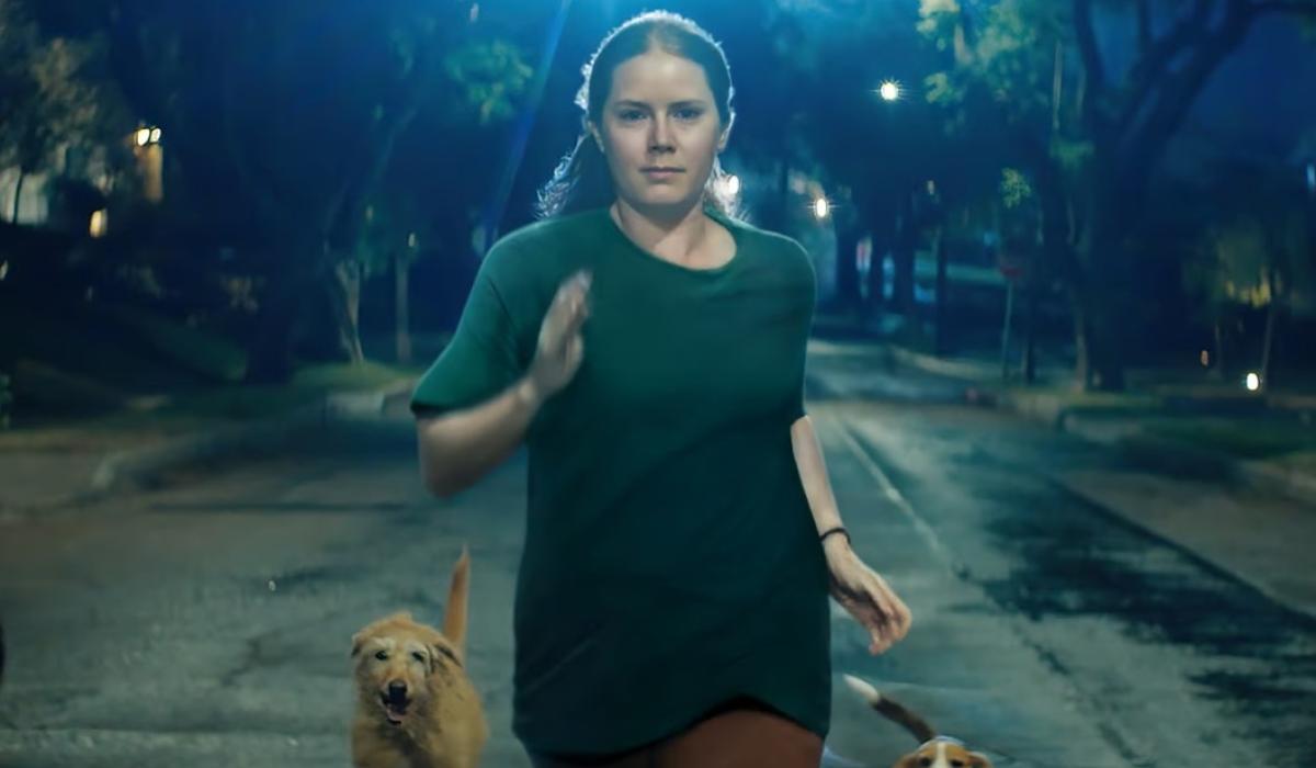 A woman runs down a street at night accompanied by dogs