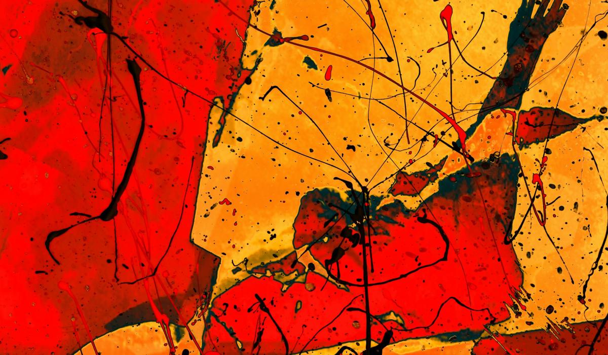 An abstract image of red and gold fluid shapes akin to stained glass, seem to depict a face and an upstretched hand.