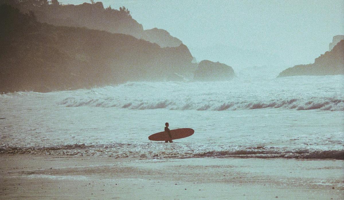 A sufer carries a longboard into the waves