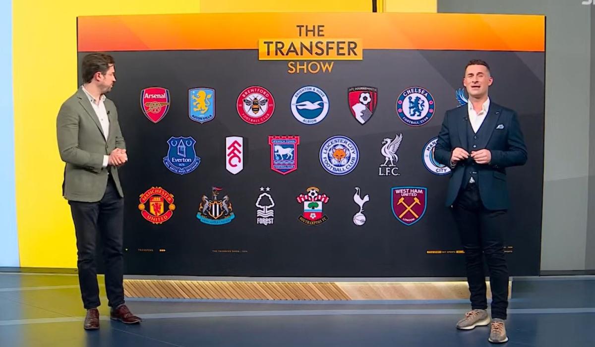 TV presenters stand eith side of a large screen showing football team badges.