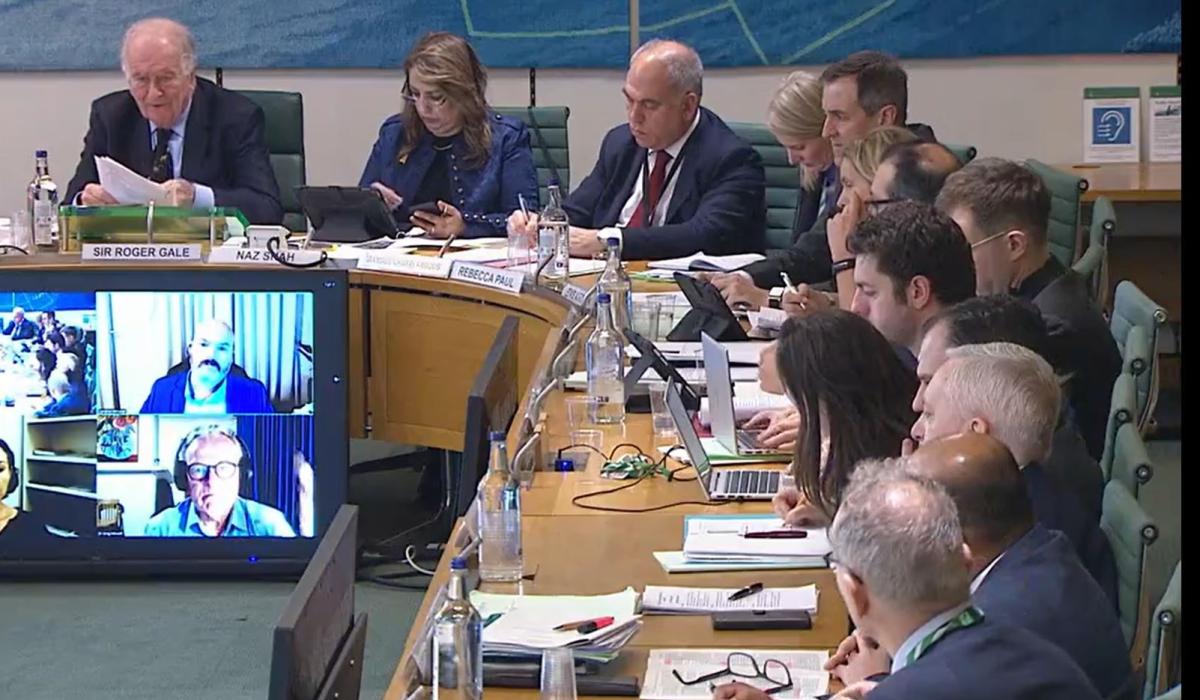 Members of a parliamentary committee sit at a curving table, in front of which a video screen shows other participants.