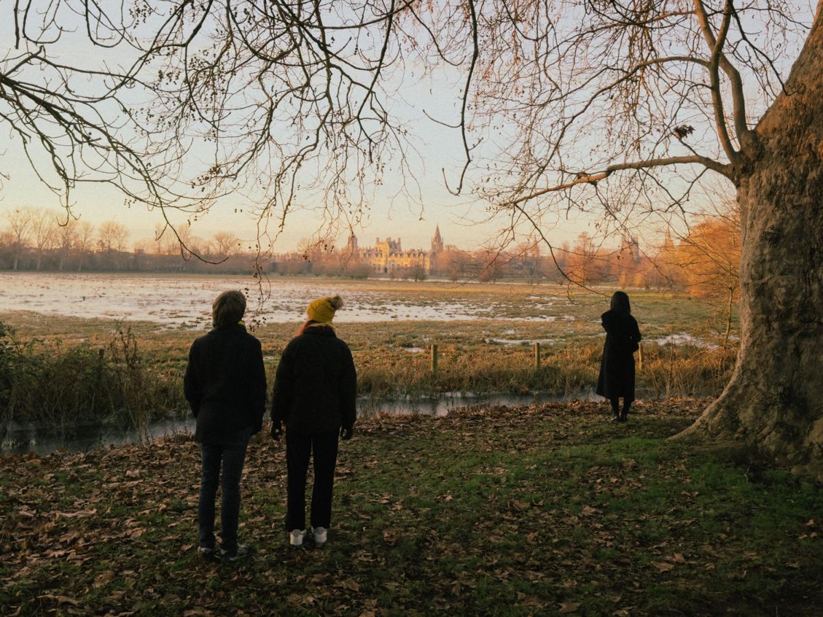 On the edge of  wintery meadow a couple and a stranger stand apart.