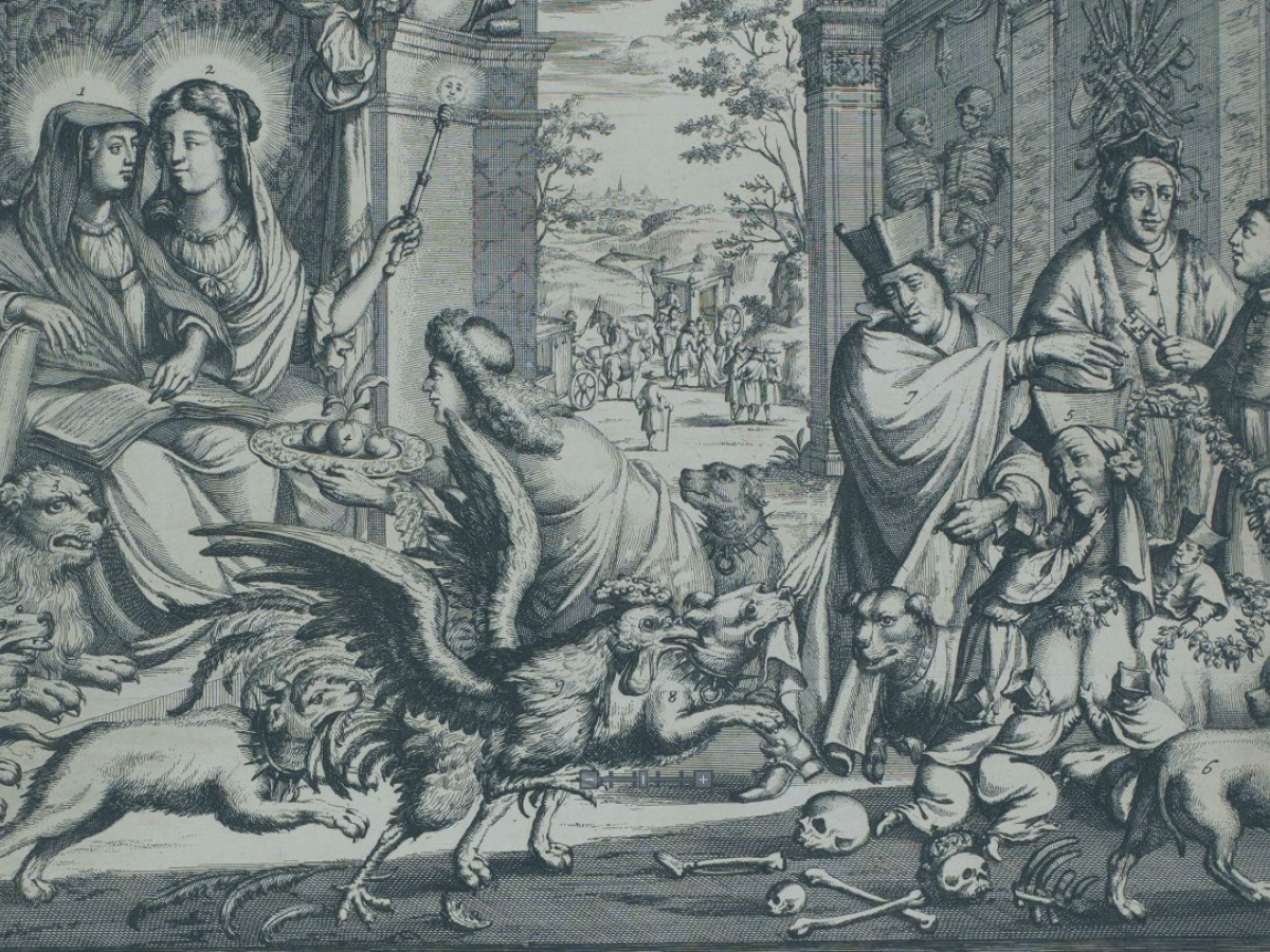 an etching shows William and Mary is a classical scene, priests stand to their right while dogs chew bones at their feet.