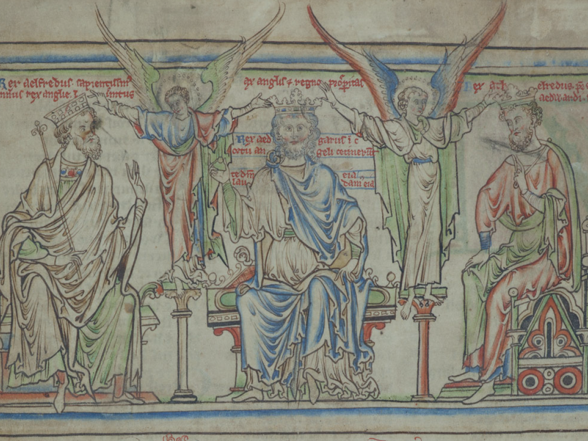 A medieval illustration of King Edgar's coronation shows him between his predecessor and successor, while angels hover above him.