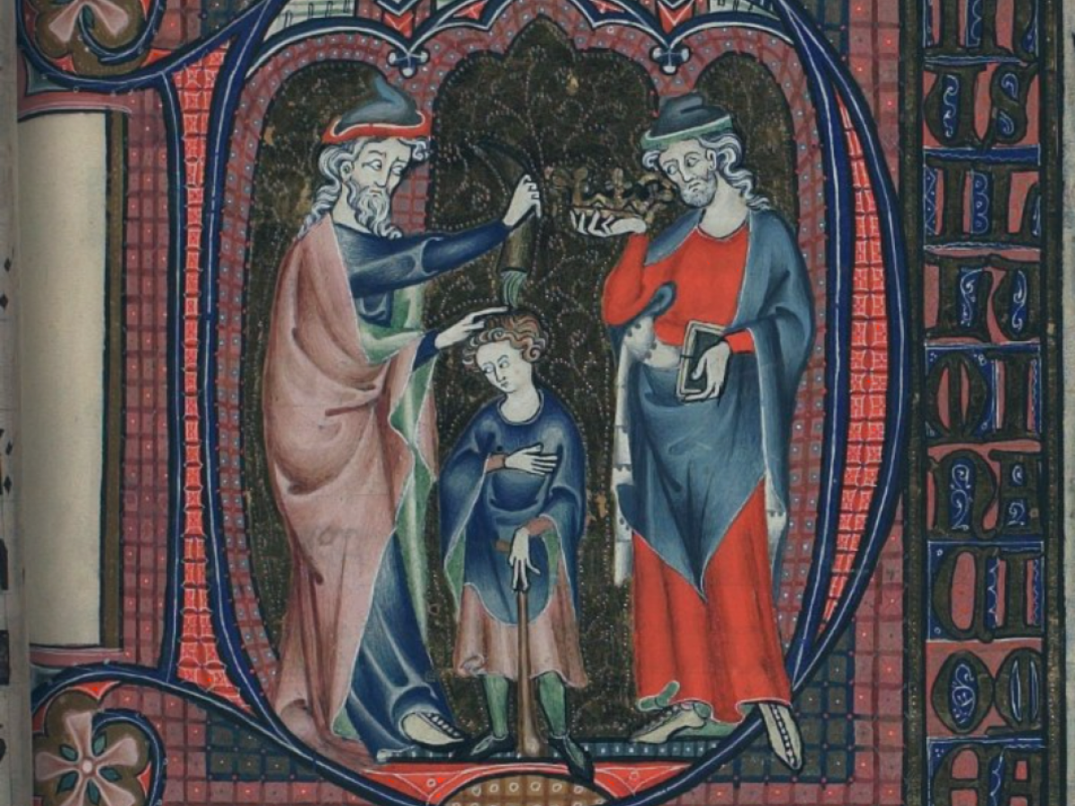 A medieval illustration of King David being anointed by Samuel