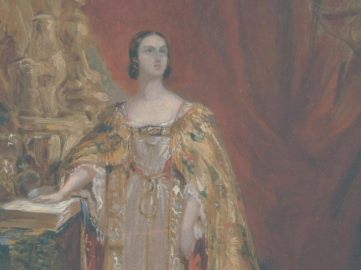 A painting shows a young Queen Victoria, in her coronation dress, resting one hand on the bible, taking her oaths